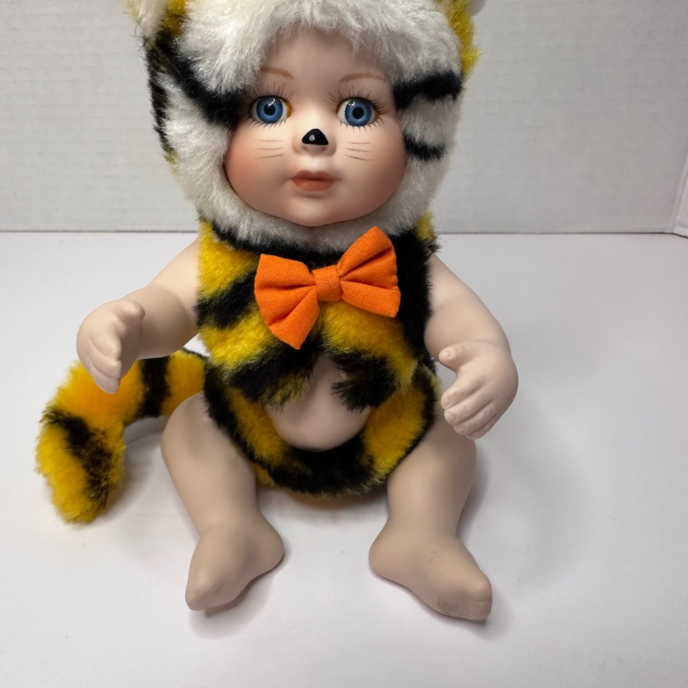 Porcelain Baby Doll In Tiger Costume 1998 Classic Creations 6 Inches Seated